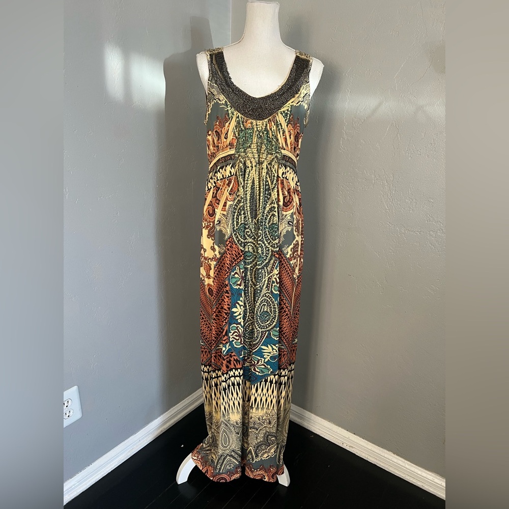 ONE WORLD Orange and Blue Sleeveless Scoop Neck Sundress. Size S